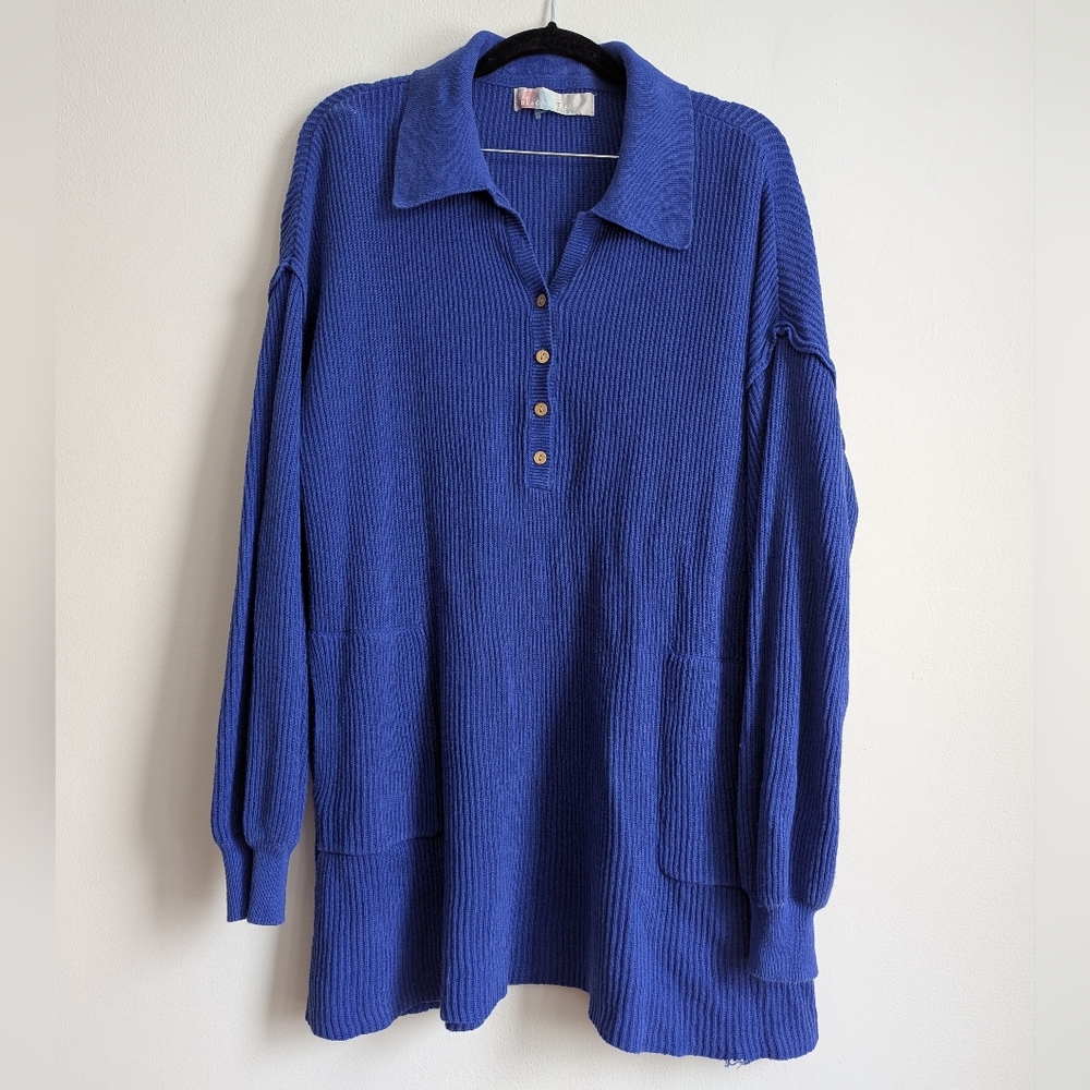 Free People Beach Ribbed Picnic Sweater Linen & Cotton Blend Blue Size M